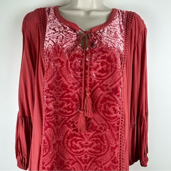St. John’s Bay Coral/Red Boho Velvet Burnout Tunic Top sz 3X Autumn Peasant - Picture 1 of 11